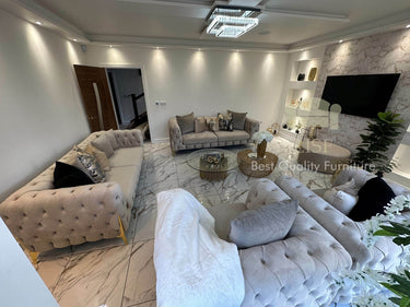 Rocky Chesterfield Sofa Set in Luxury Cream Velvet - 1, 2 & 3 Seater Options with Gold Legs - UK Luxury Furniture